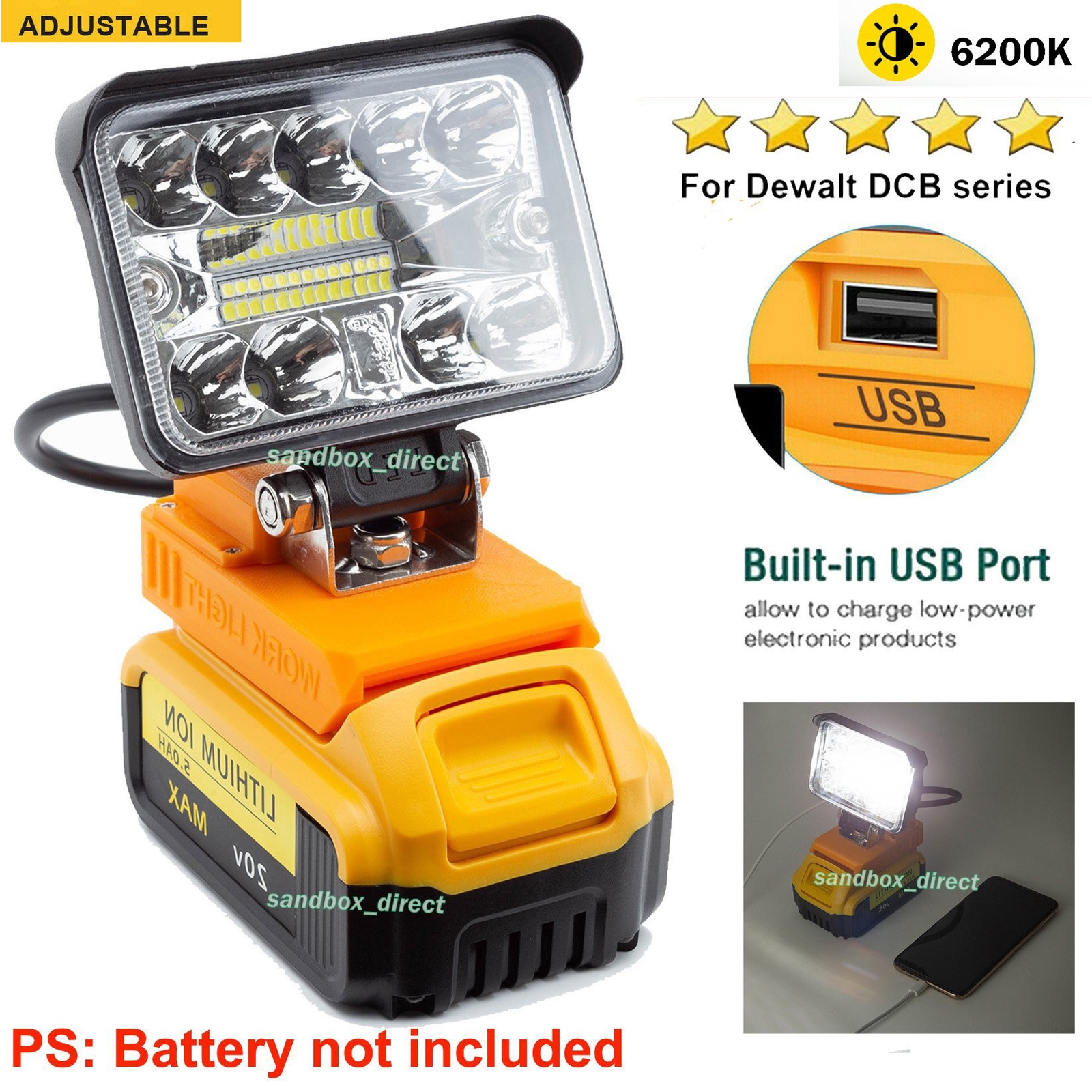 LED Work Light Work For Dewalt 18/20/60V Li-Ion Battery-2800LM w/FAST CHARGE USB