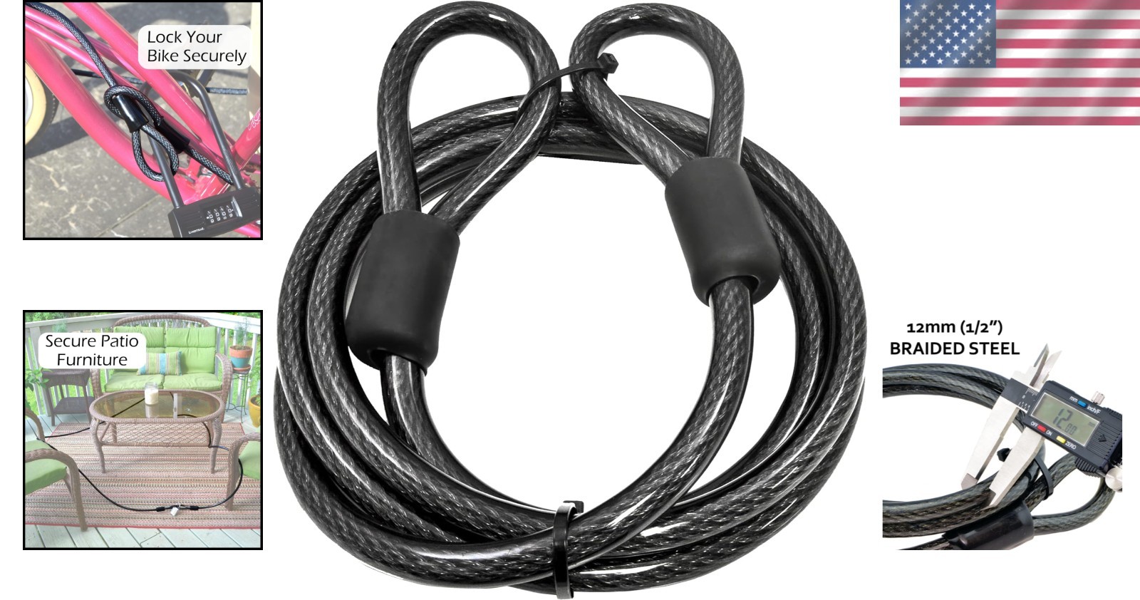 Braided Steel Security Cable, Rust Resistant, 12mm x 15ft