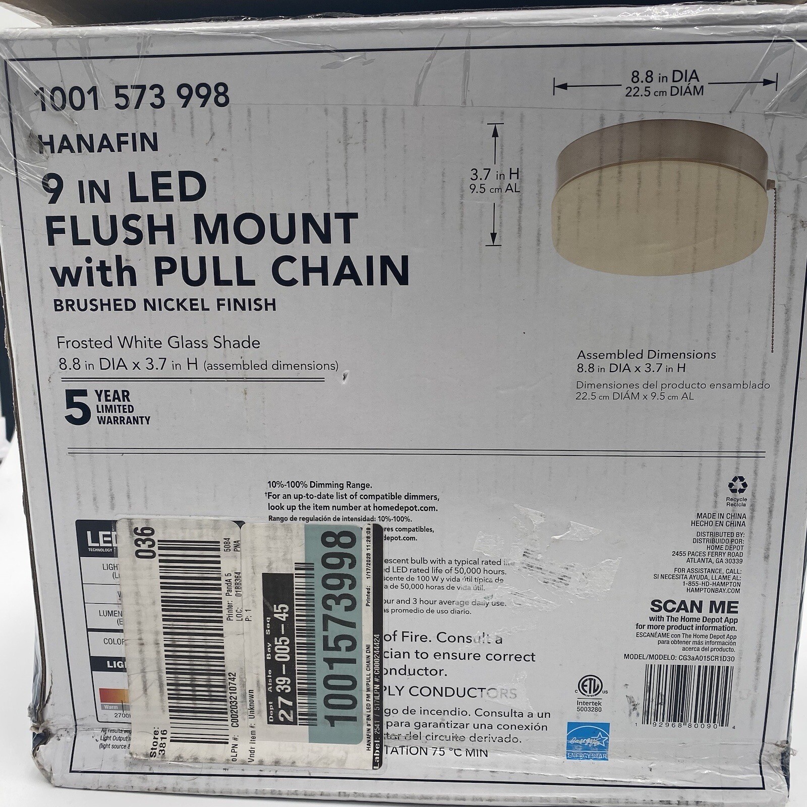 Hanafin 9" LED Flush Mount Light W/ Pull Chain Brushd Nickel 100-Watt Equivalent
