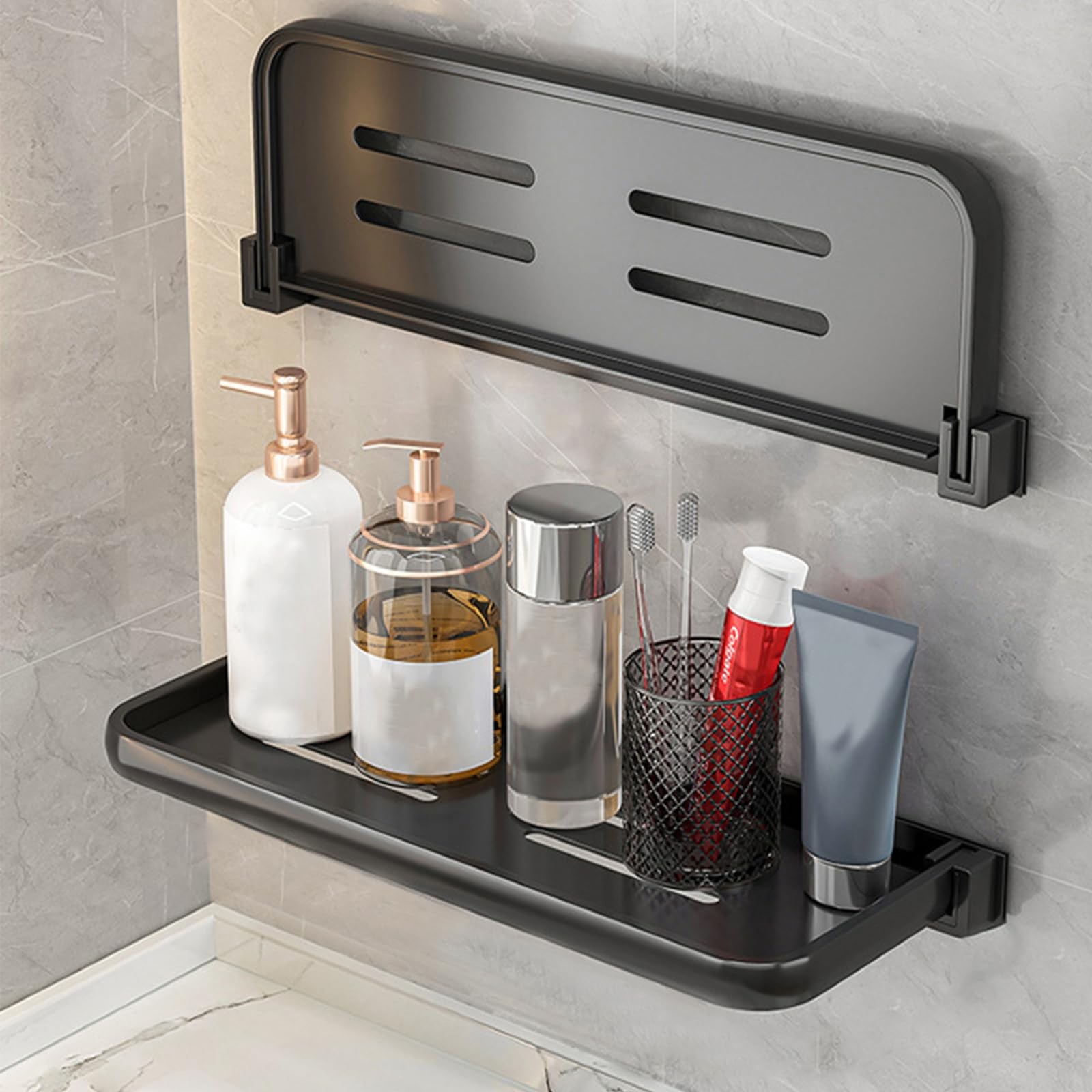 2 PCS Black Bathroom Shelf Wall Mounted Hidden Foldable Metal Rack 12 Inch