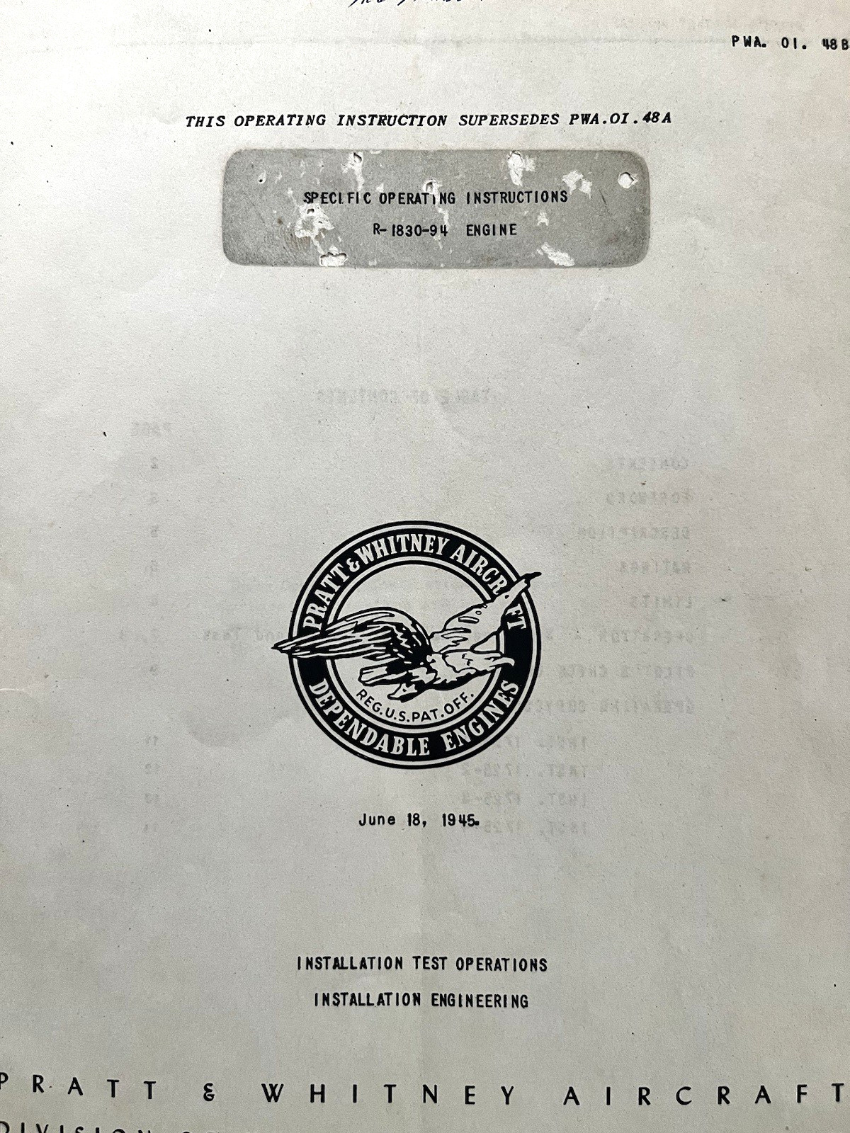 Pratt & Whitney R-1830-94 Engine Specific Operating Instructions 1946 Original