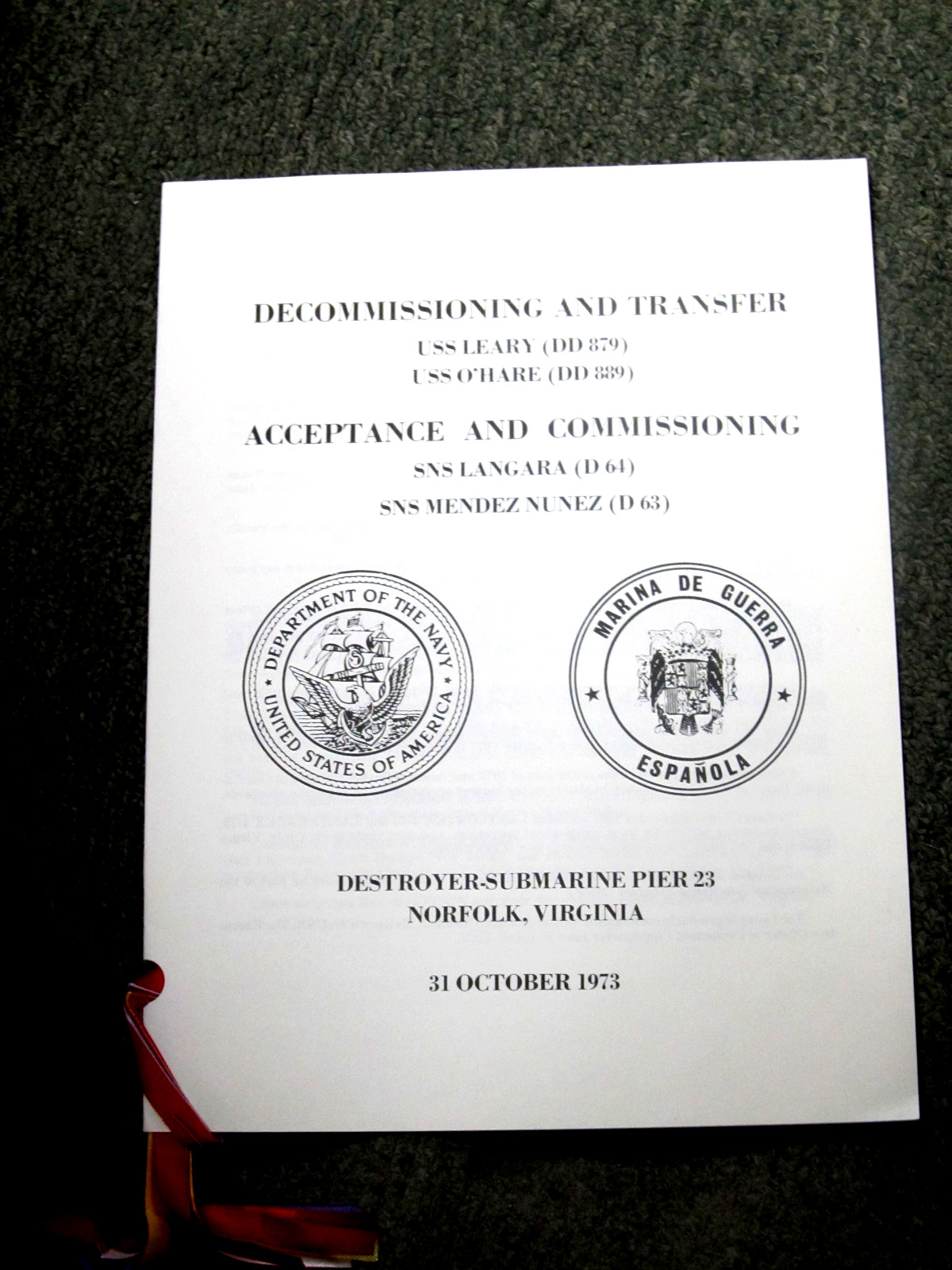 USS   LEARY & OHARE  DECOMMISSIONING  AND TRANSFER  Ceremony Program  1973  NAVY