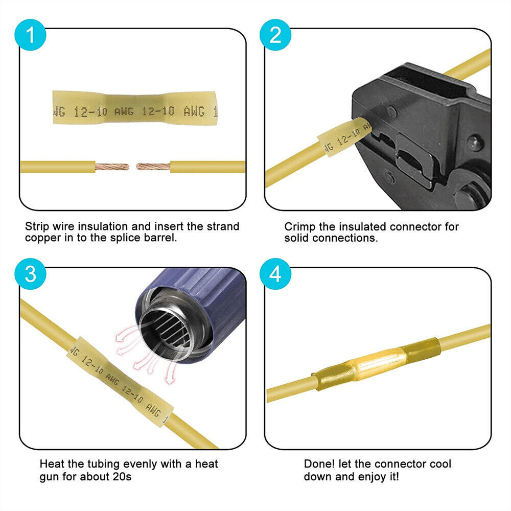 200PCS Waterproof Heat Shrink Butt Wire Splice Crimp Connectors Terminals Kit US