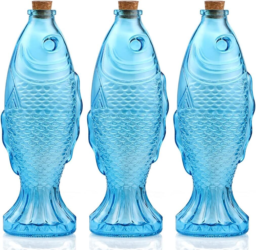 3-Pack Fish Shaped Glass Bottles Decorative Bottles with Cork Stopper Fish De...