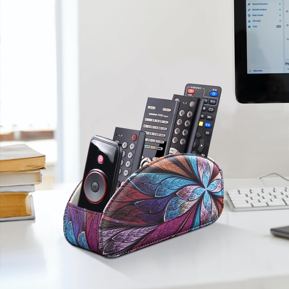PU Leather TV Remote Control Holder Caddy 5 Compartment Nightstand Organizer