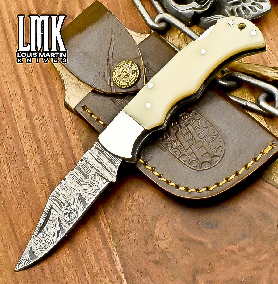 LMK Custom Twist Damascus Pocket Folding Knife Bone Back Lock Hiking Razor Sharp