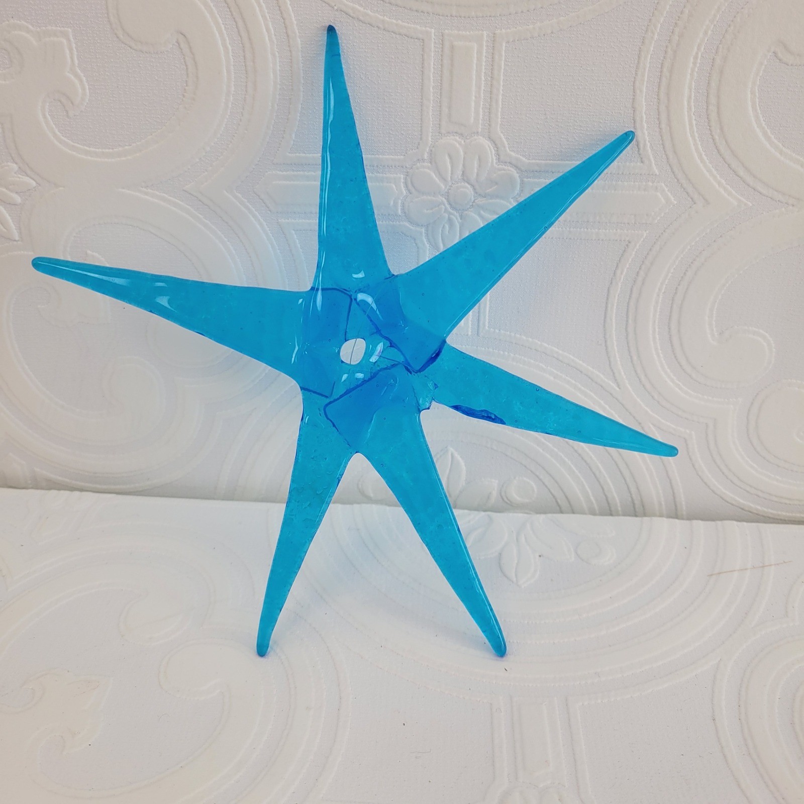 Blue Fused Glass Star Suncatcher Ornament Textured 6 Point Artisan 7.5 inch