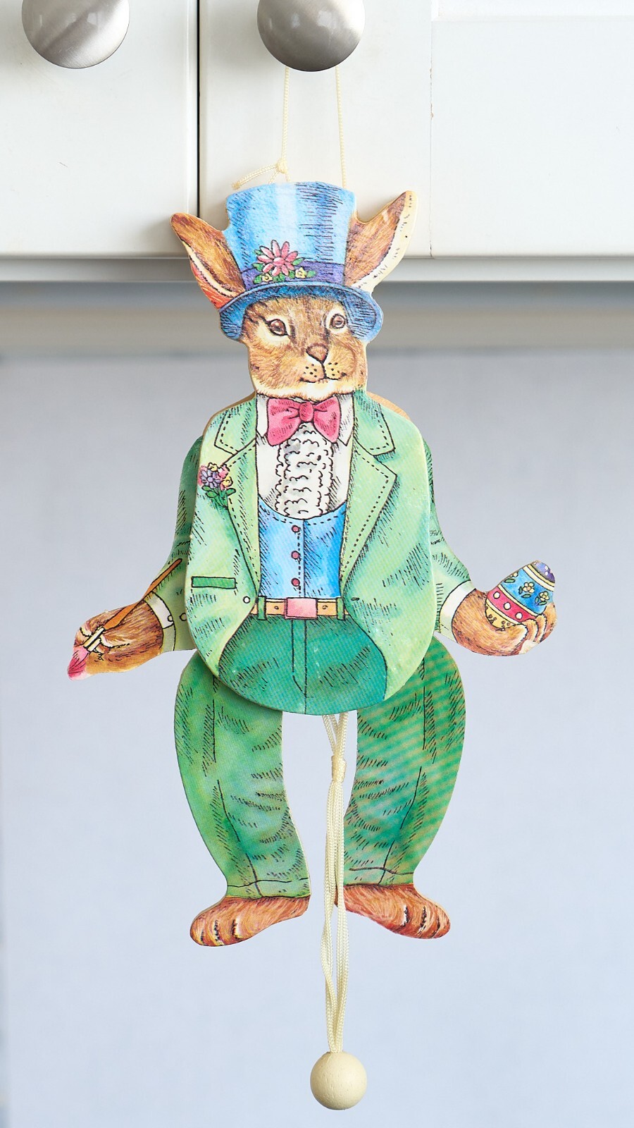2 EASTER BUNNY Lady Gent Pull String Wooden Ornament 2 Sided Toy Midwest Imports