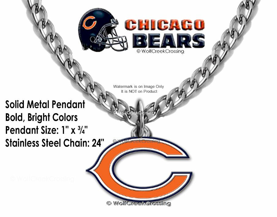 CHICAGO BEARS NECKLACE 24" Stainless Steel Chain NFL Football ¾"x 1" Metal Logo'