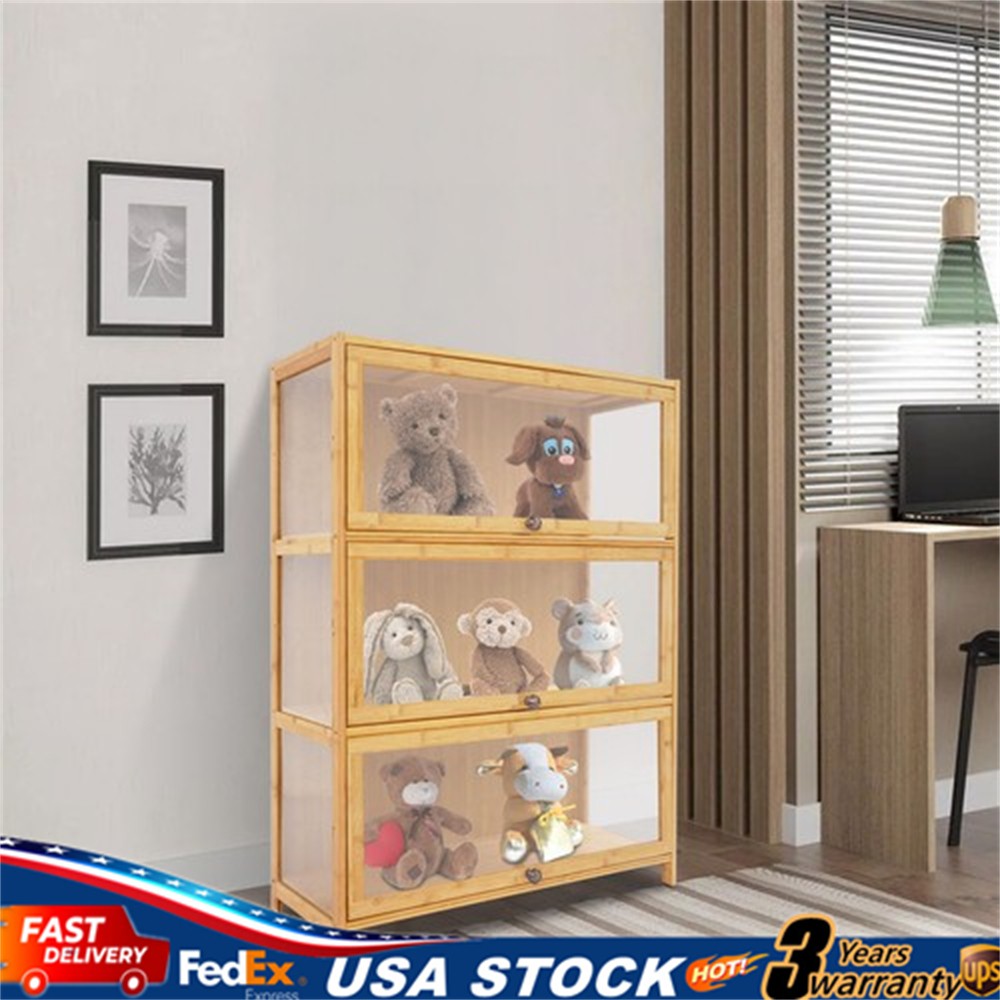 3 Tiers Display Bamboo Cabinet with Acrylic Door Toy Storage Shelf & Cabinet