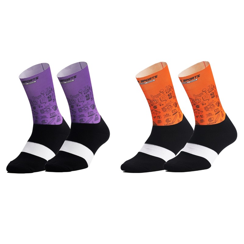 2Pairs Cycling Socks Riding Bicycle Bike Sport Ankle Socks XC MTB Orange Purple