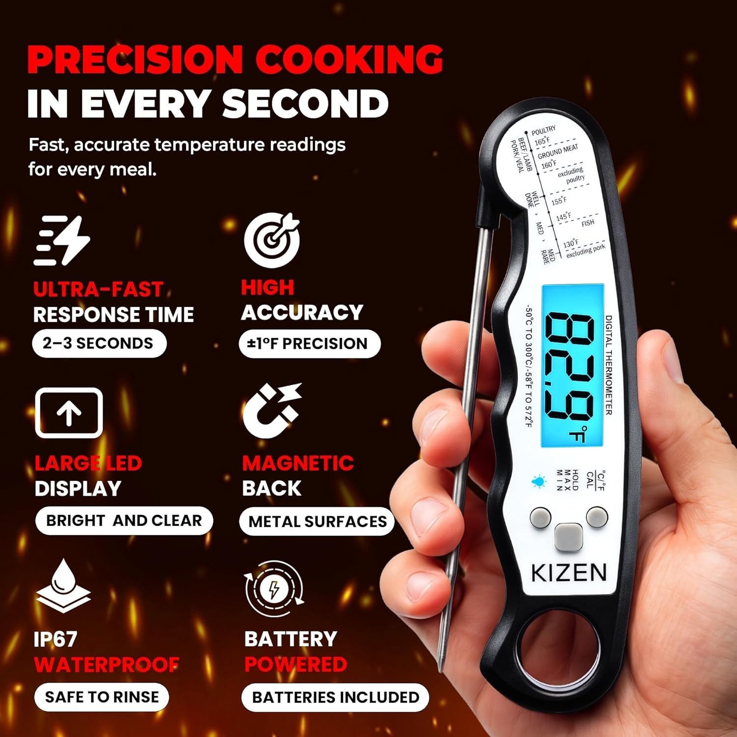 Digital Meat Thermometer 6.2 Inch Waterproof Fast Read Large Display Kitchen