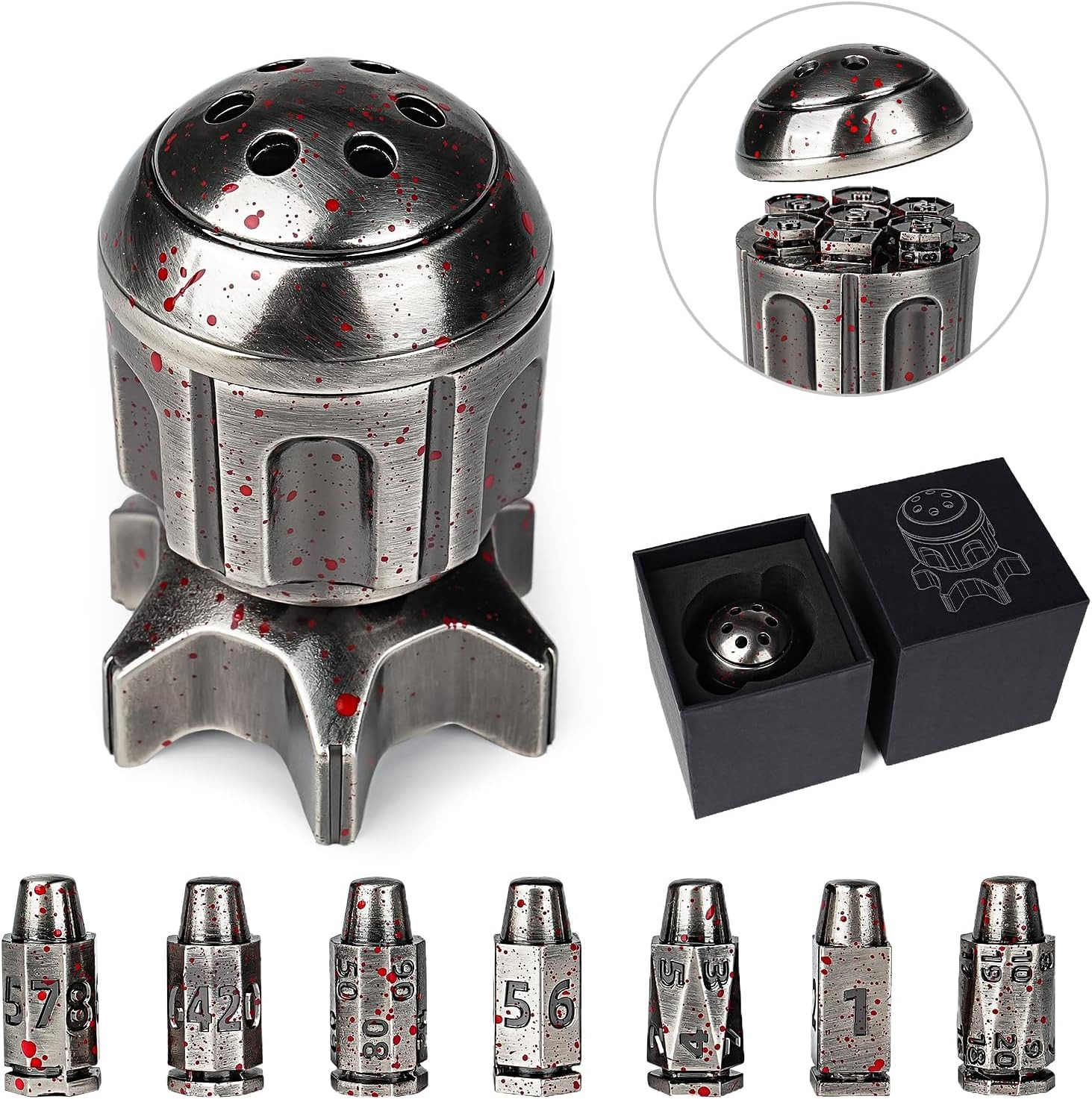 DND Bullet Dice Set 7Pcs,Metal Bullet Dice Polyhedral Bloodstain Dice,Spinning M