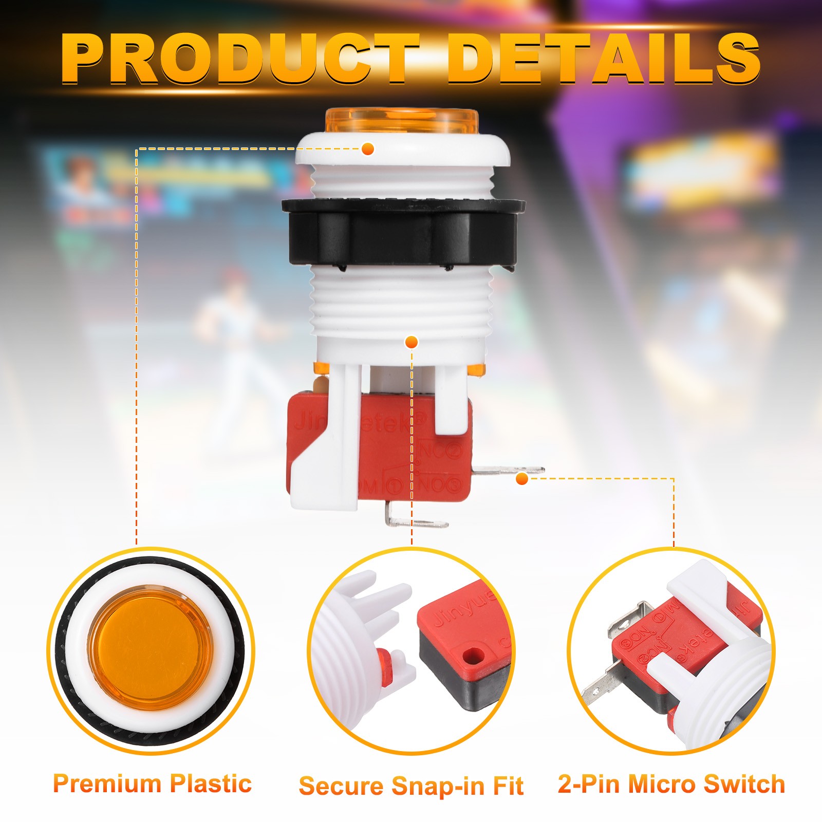 6 Pcs 5A 12/14V American Style Arcade Push Button with Micro Switch, Orange