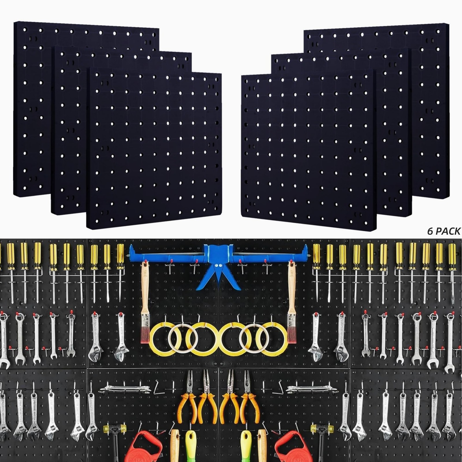 Peg Board Wall Organizer Panels - 6Pcs Black ABS Pegboard Wall Mount for Home...