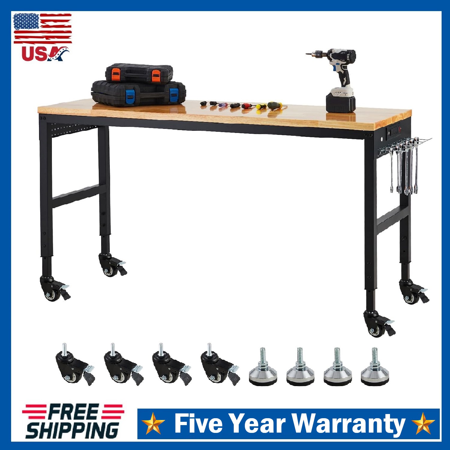 72" Adjustable Workbench 2000LBS Load Heavy Duty Garage Worktable w/Power Outlet