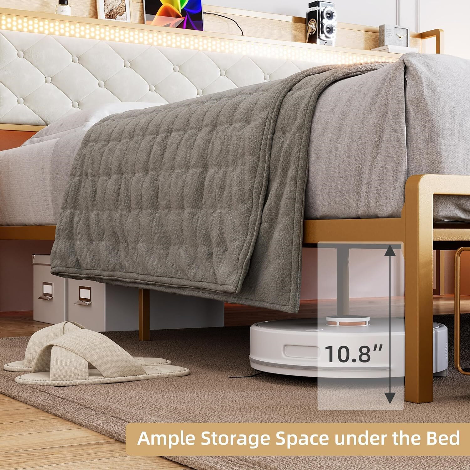 ✅King Size Bed Frme Pltform Bed Frme W/LED Lights Chrging Sttion Drwers