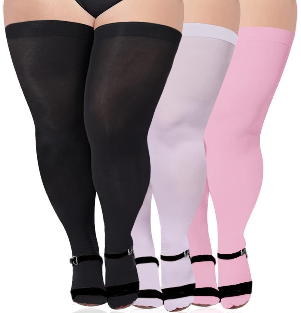 3 Pairs Plus Size Thigh High Stockings for Thick Thighs Extra Long Womens Opa...