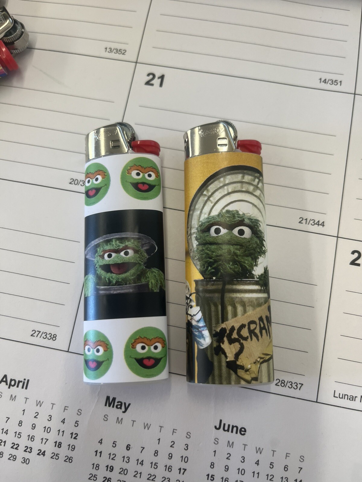 New 2 Custom Bic Lighters Oscar the Grouch Sesame Street Lighter Well Made!