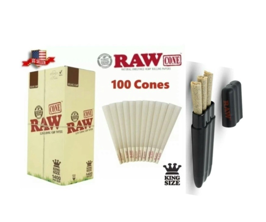 RAW ORGANIC KING size pre rolled cone AUTHENTIC + Raw Three Tree Cone Case