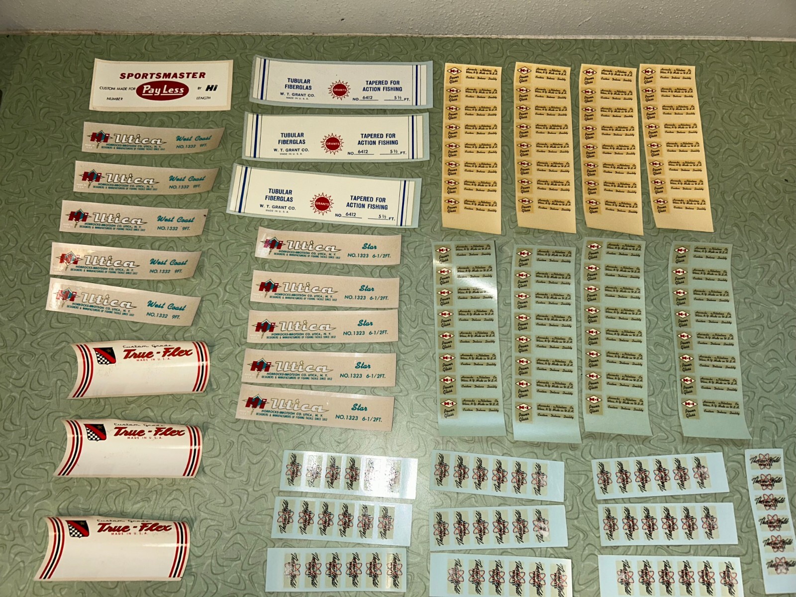 Vintage 1960-70s Fishing rod waterslide decal lot-Utica, Ibbotson,Grants, Etc.