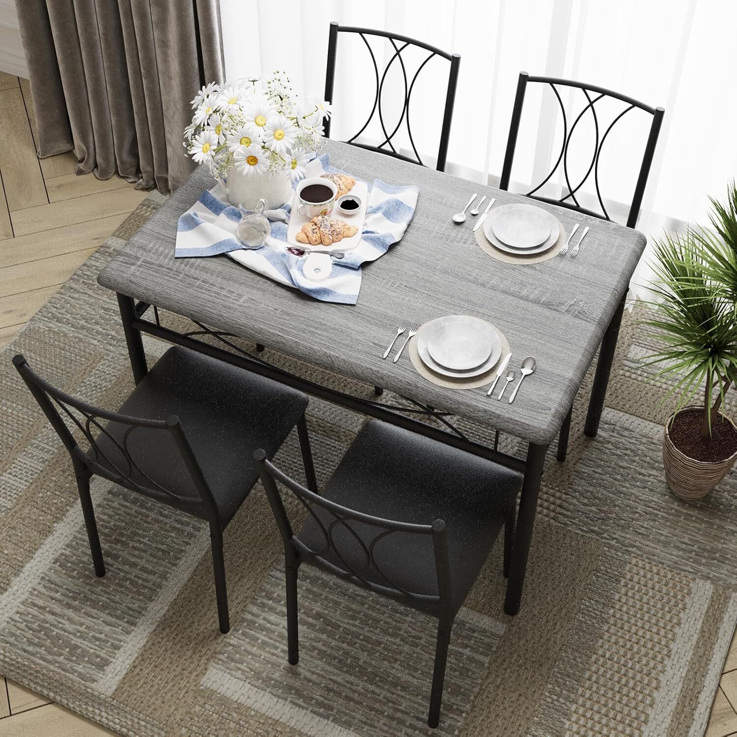 Dining Table Set for 4 Industrial Wood Top Metal Legs Space Saving Kitchen Set