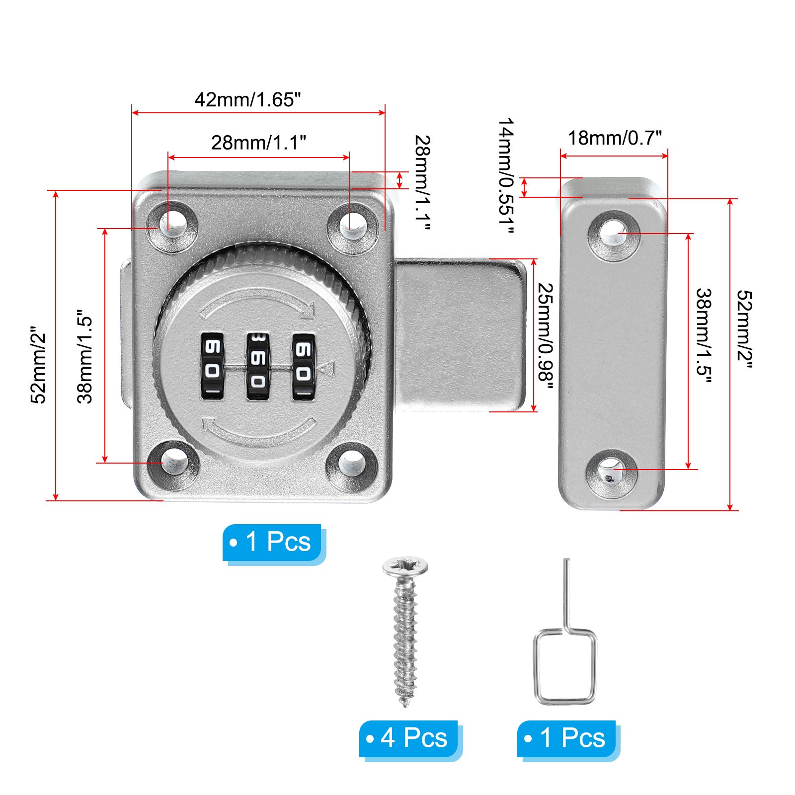 3 Digit Wardrobe Combination Lock, for One-Way Door, Silver