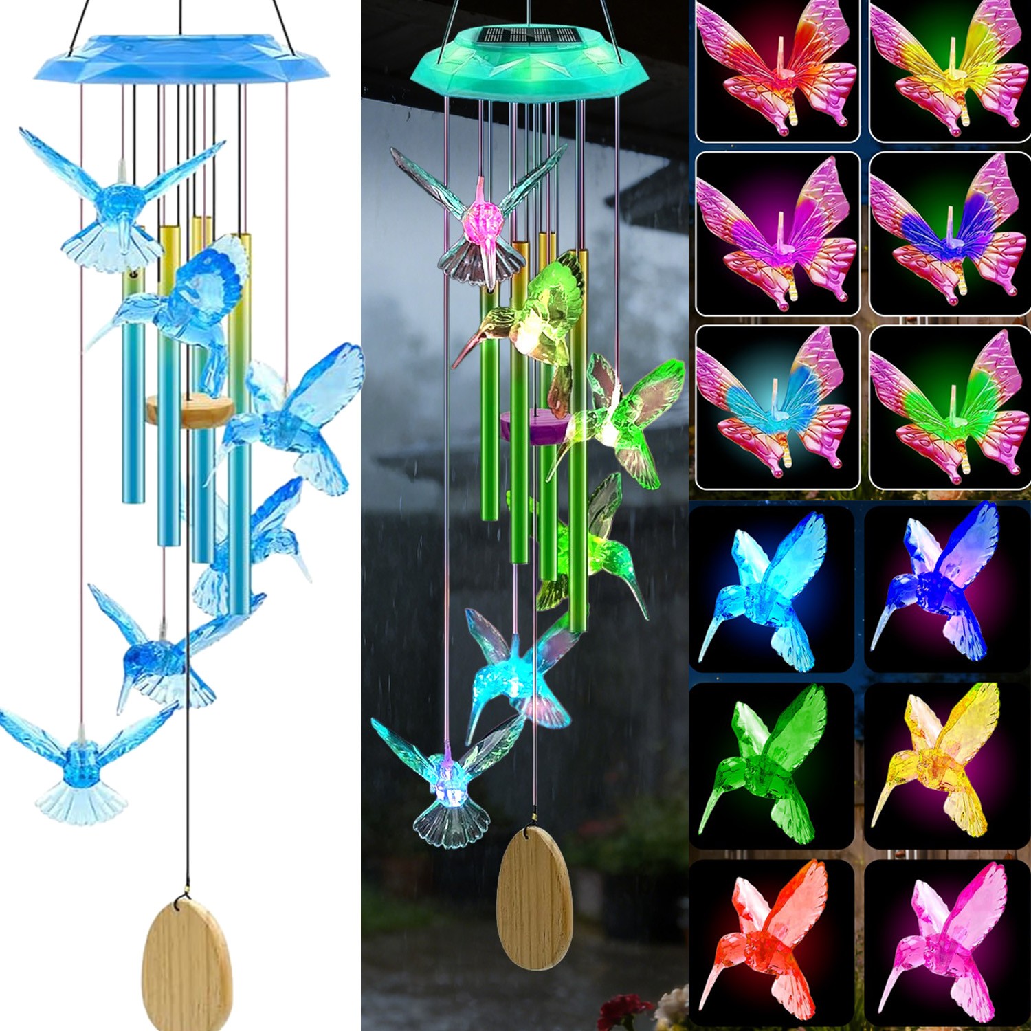 Solar Wind Chimes Hummingbird Butterfly LED lights Wind Chime Waterproof Decor