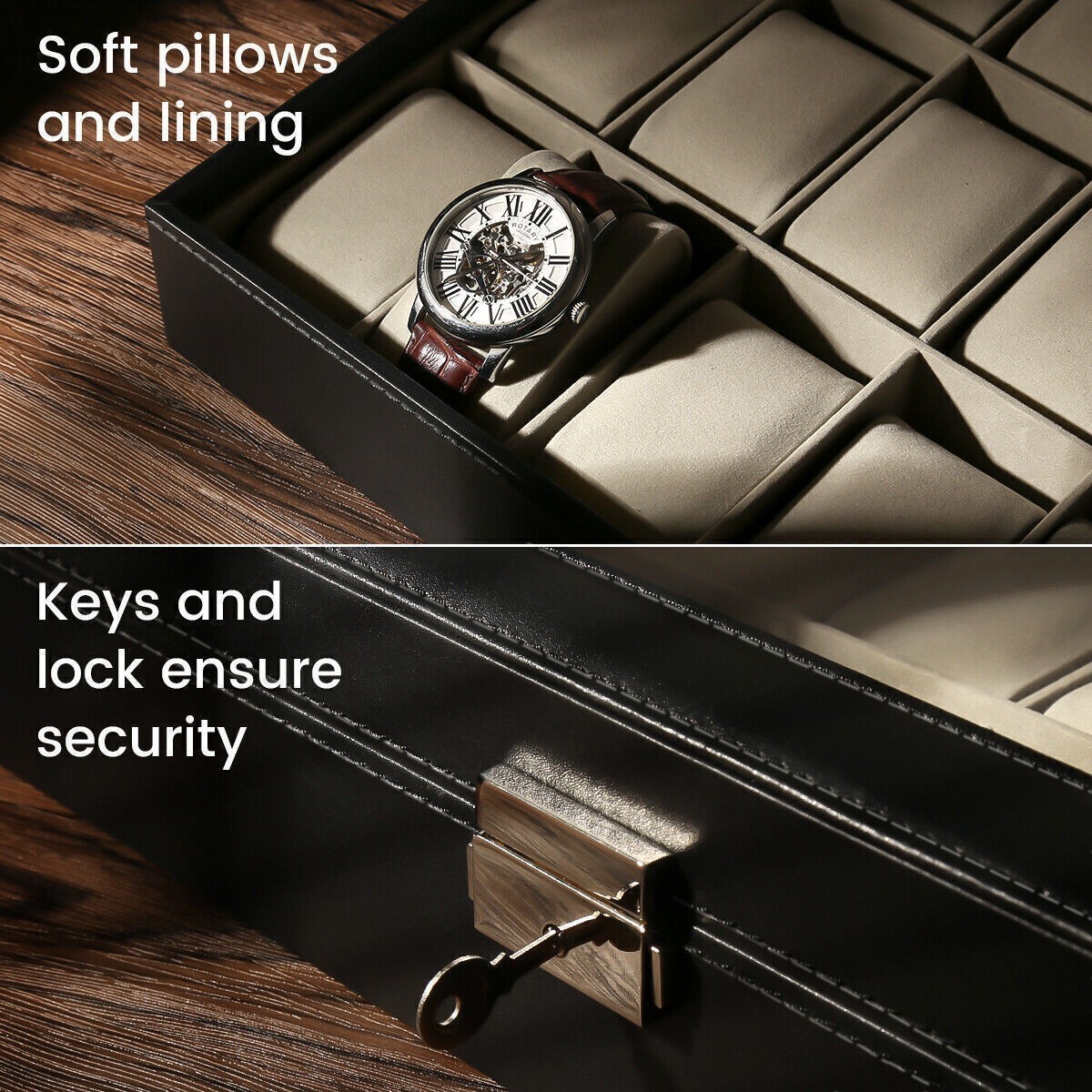 24 Slots Watch Box PU Leather Watch Case Organizer Watch Display Case Lockable A