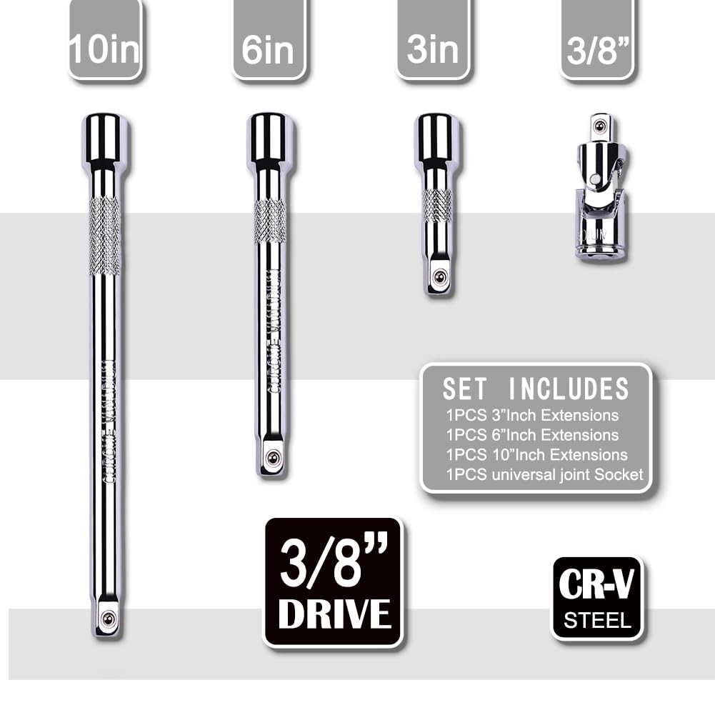 4 Piece 3/8 Inch Drive Extension Bar Set 3/8 Inch Drive Socket Extension