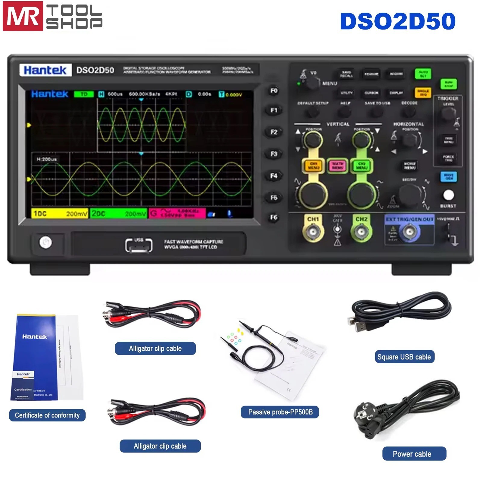 Hantek DSO2D50 2 Channel Digital Storage Oscilloscope Signal Generator 500 MHz 2GS/s