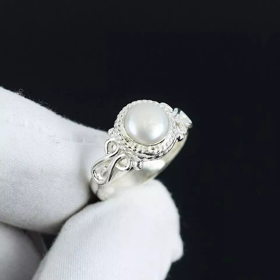 925 Sterling Silver Pearl Gemstone Ring Handmade Bridesmaid Ring All Size R163
