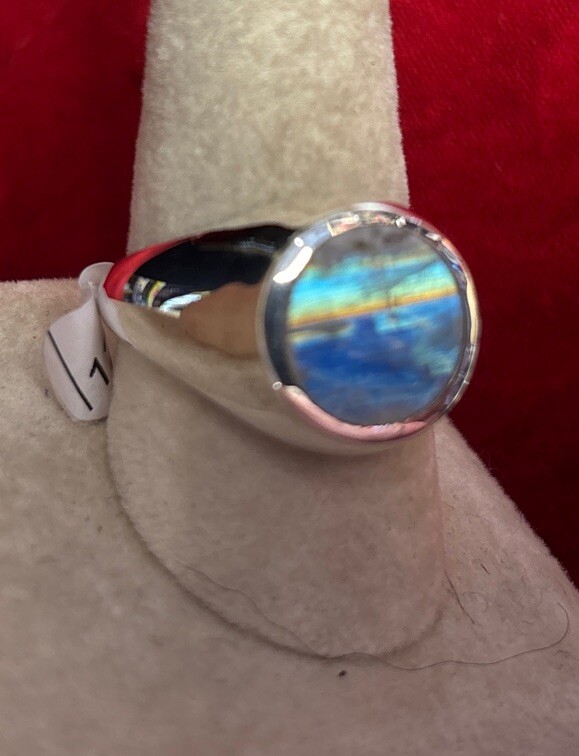 Men’s Sterling Silver Ring Size 8 Rainbow Moonstone