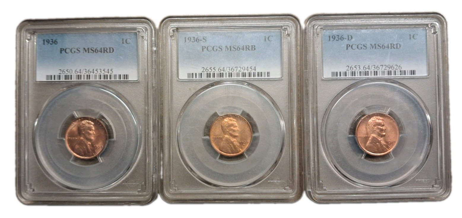 1936 P,S & D Minted Lincoln Wheat Cents ☆ PCGS Graded MS64