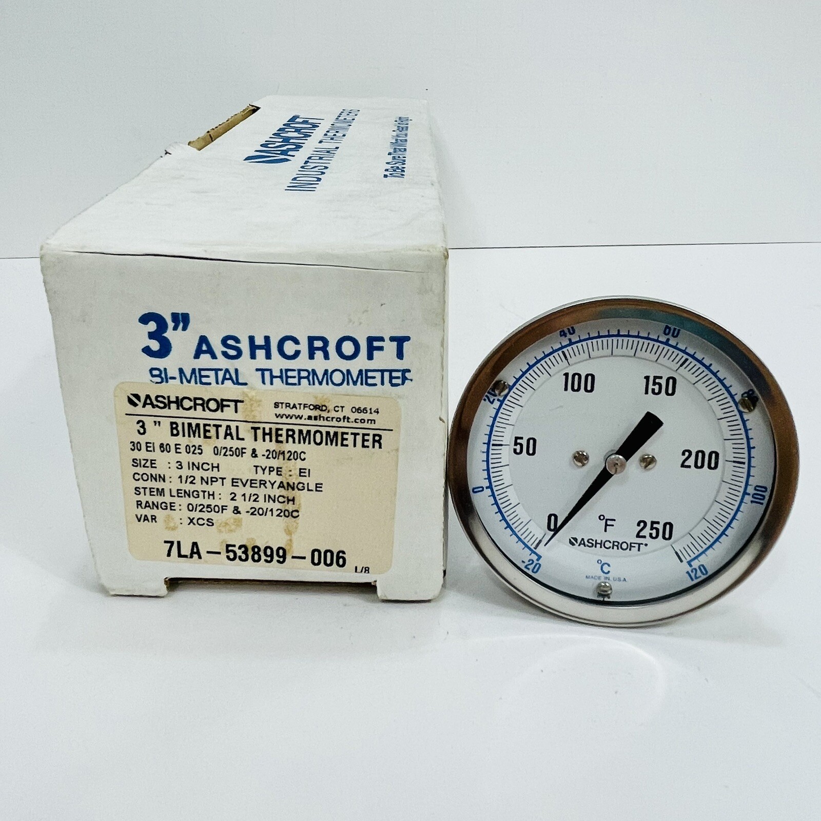 Ashcroft 7LA-53899-006 3” Bimetal Thermometer 0-250°F 2.5” Stem ~NEW~