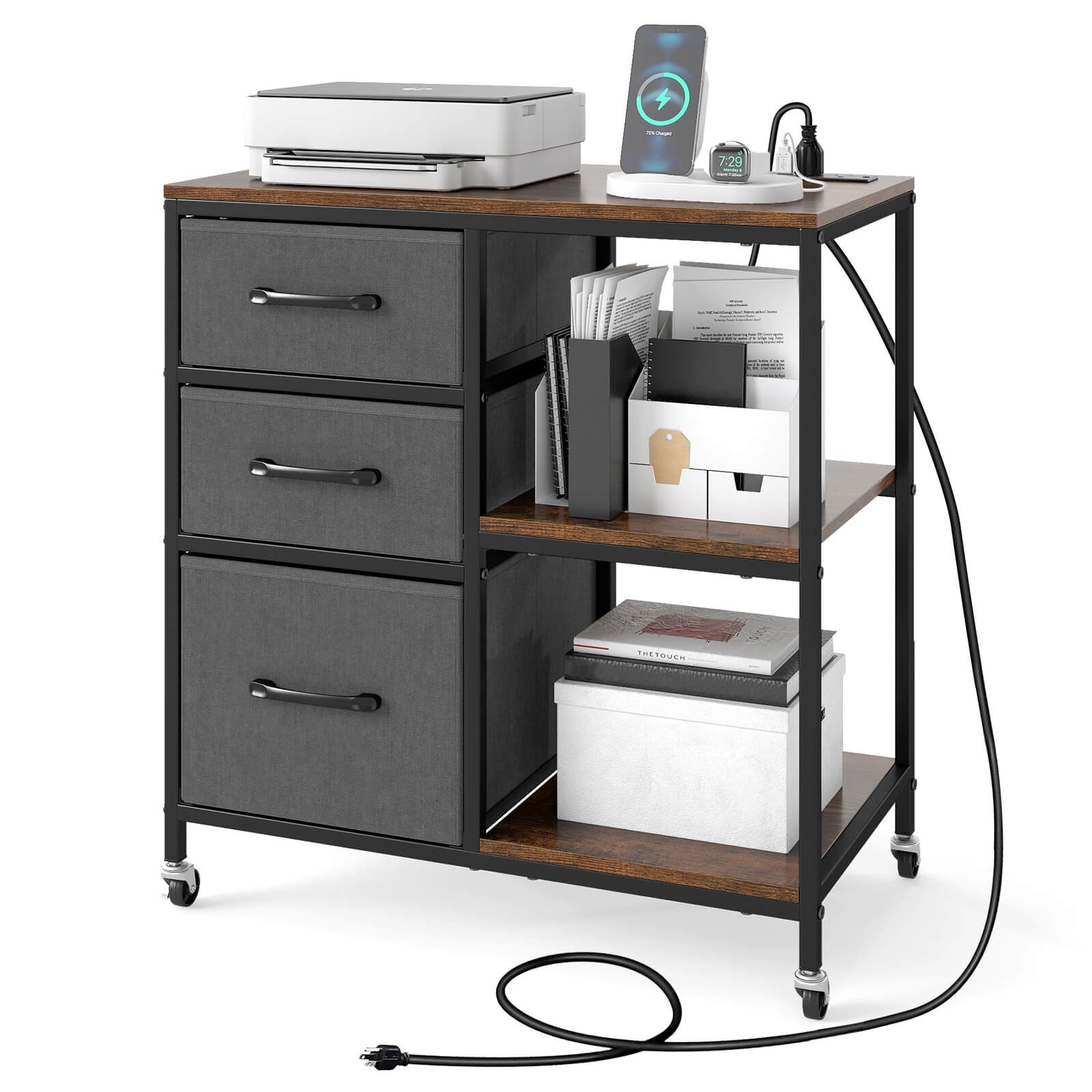 3 Drawer Mobile File Cabinet with Charging Station, Storage Cabinet on Wheels