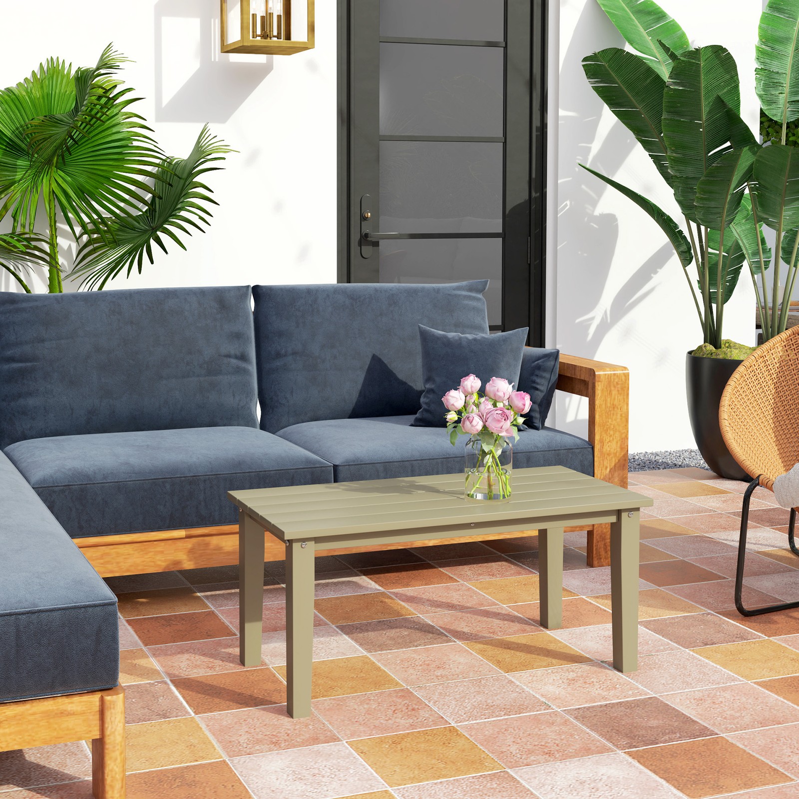 Outsunny HDPE Outdoor Coffee Table, Rectangle Slatted Patio Table, Brown