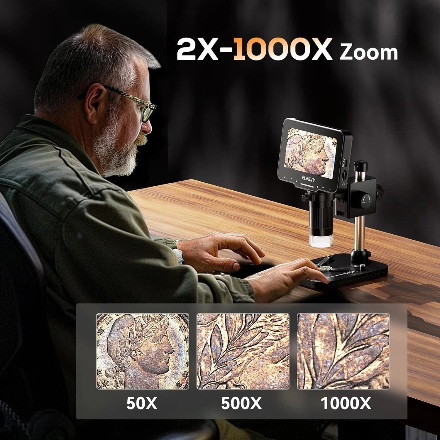 1000x Coin Microscope with 4.3'' LCD Screen