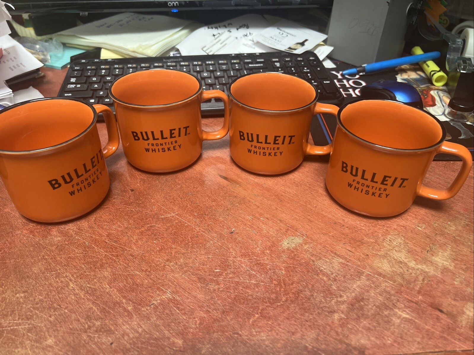 Bulleit Frontier Whiskey Campfire Mug Cup Orange Ceramic Set Of 4, 2024 Gift Set