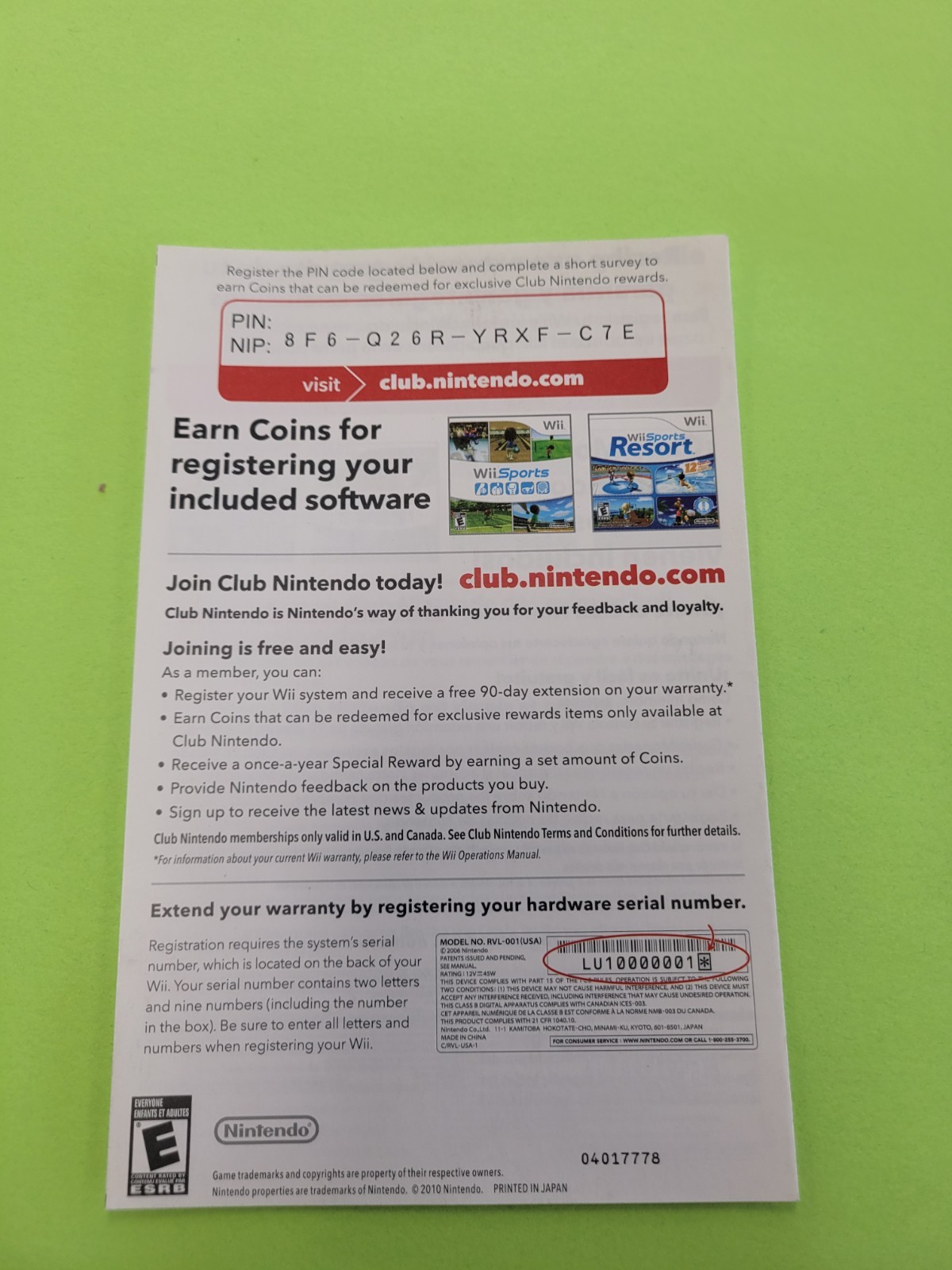 Nintendo Wii Club 2010 INSERT ONLY