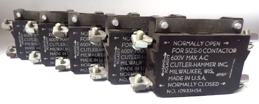 CUTLER HAMMER, AUXILIARY CONTACT, 10933H5A, 600 VOLTS, 1 NO/ 1 NC, LOT OF 5