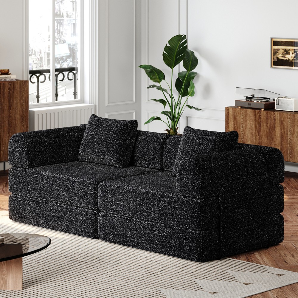 72.4" Convertible Sofa Bed w/ Storage Pockets, Black Chenille Fabric