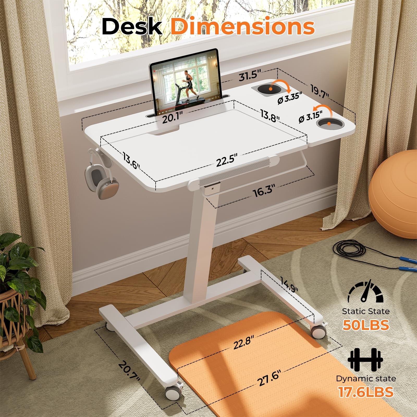 Tiltable Treadmill Walking Pad Desk, 31.5" Small Pneumatic Height Adjustable ...