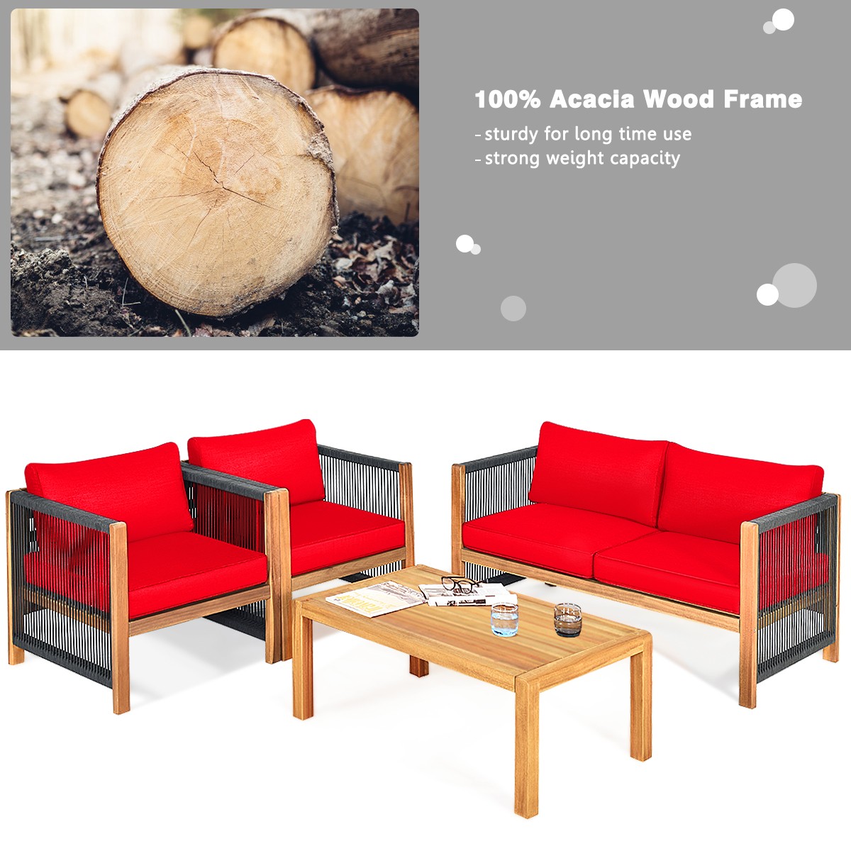 Patiojoy 4PCS Acacia Wood Patio Furniture Set Cushioned Sofa W/Rope Armrest Red