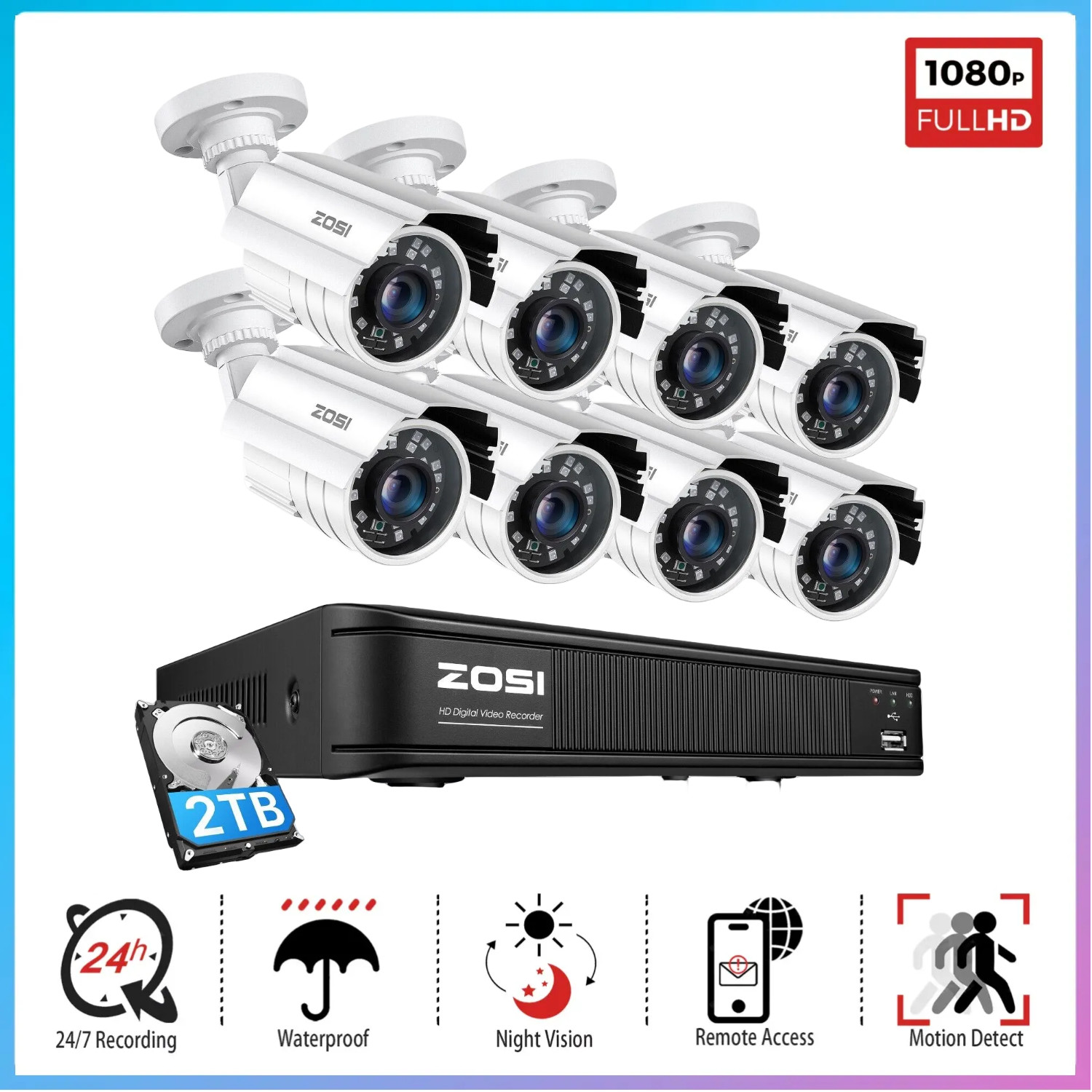 ZOSI H.265+ 1080p 8CH CCTV Outdoor Security Camera 80ft Night Vision System