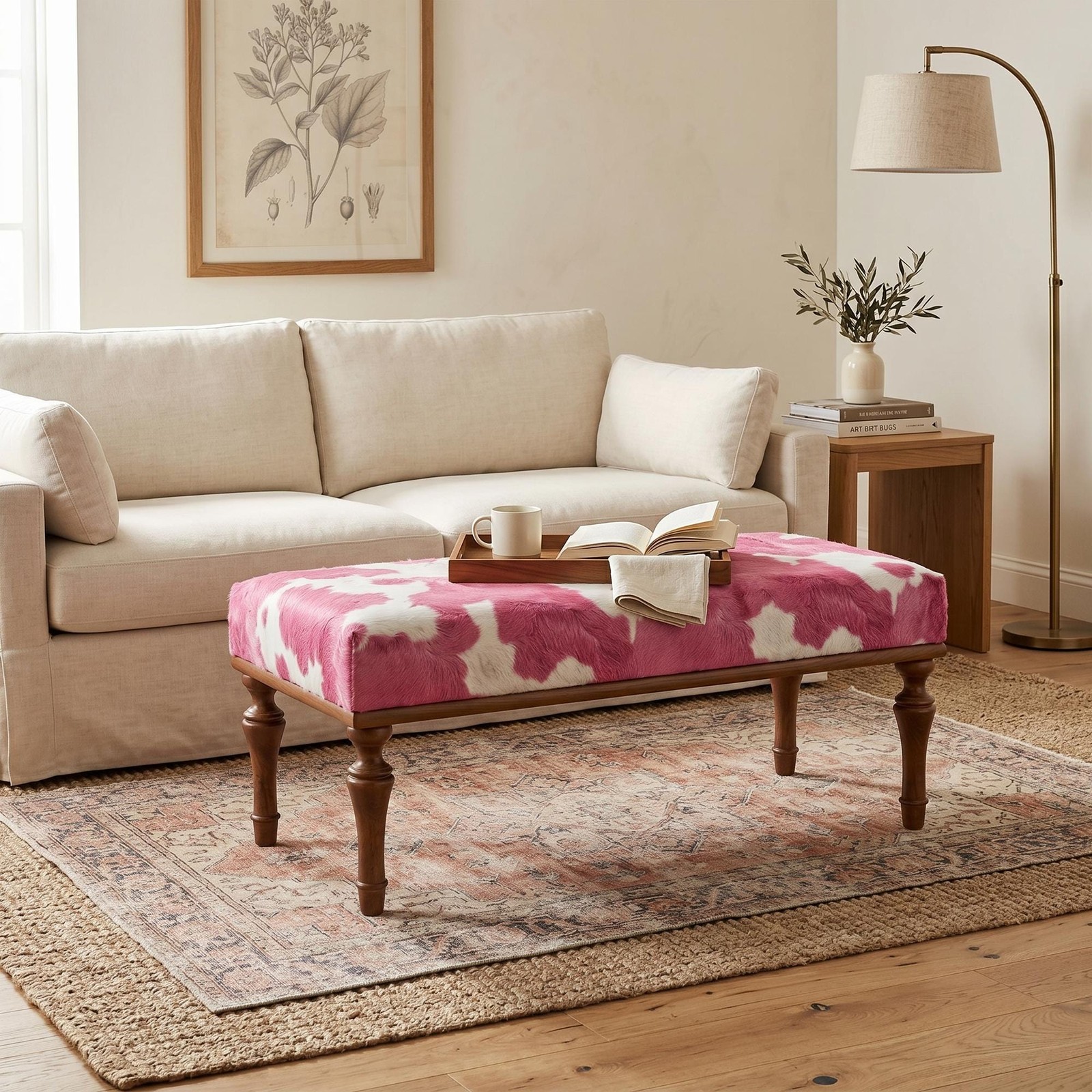 Cowhide Print Bench Handmade Pink Ottoman Upholstered Furry Bedroom