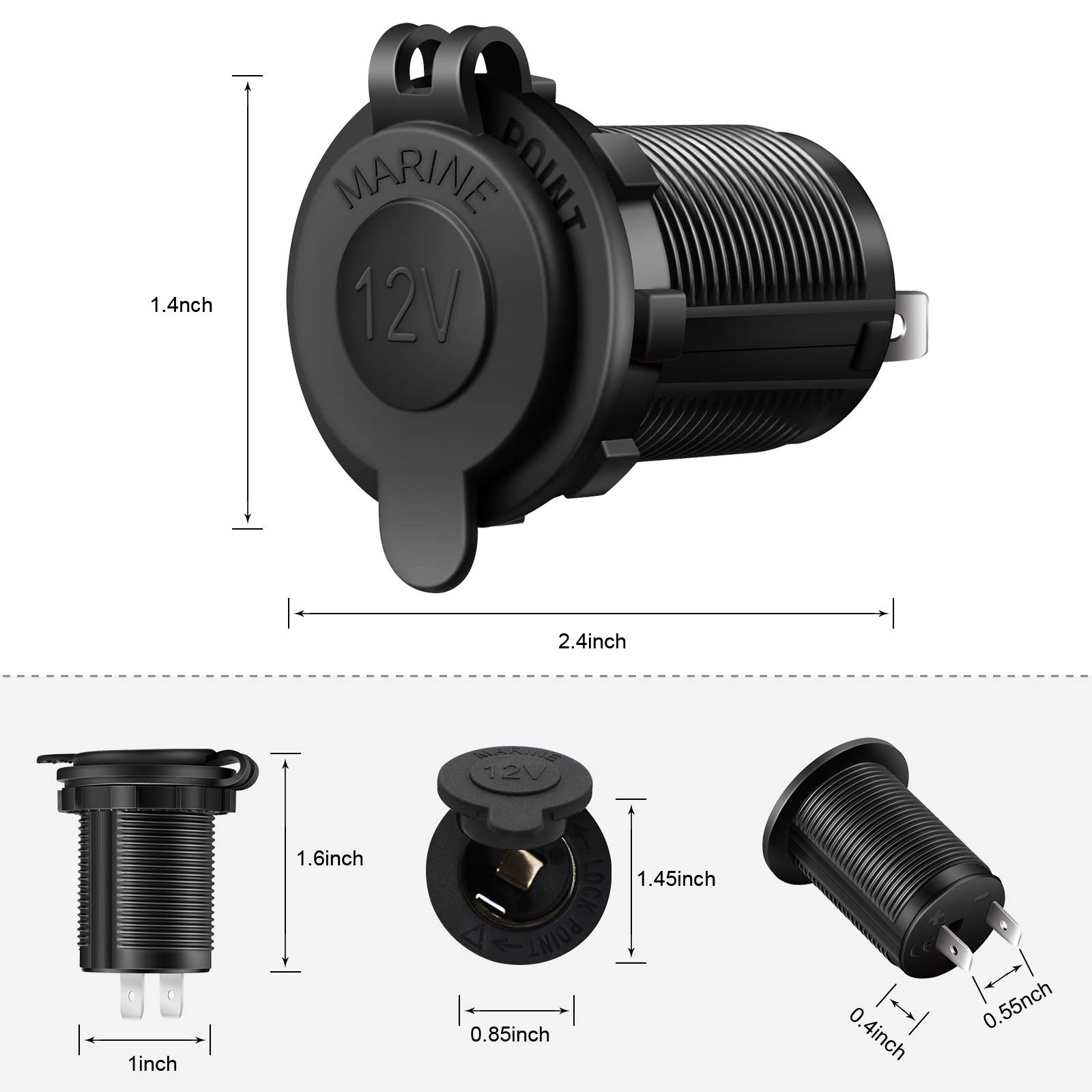 Cigarette Lighter Socket Car Marine Motorcycle ATV RV Black