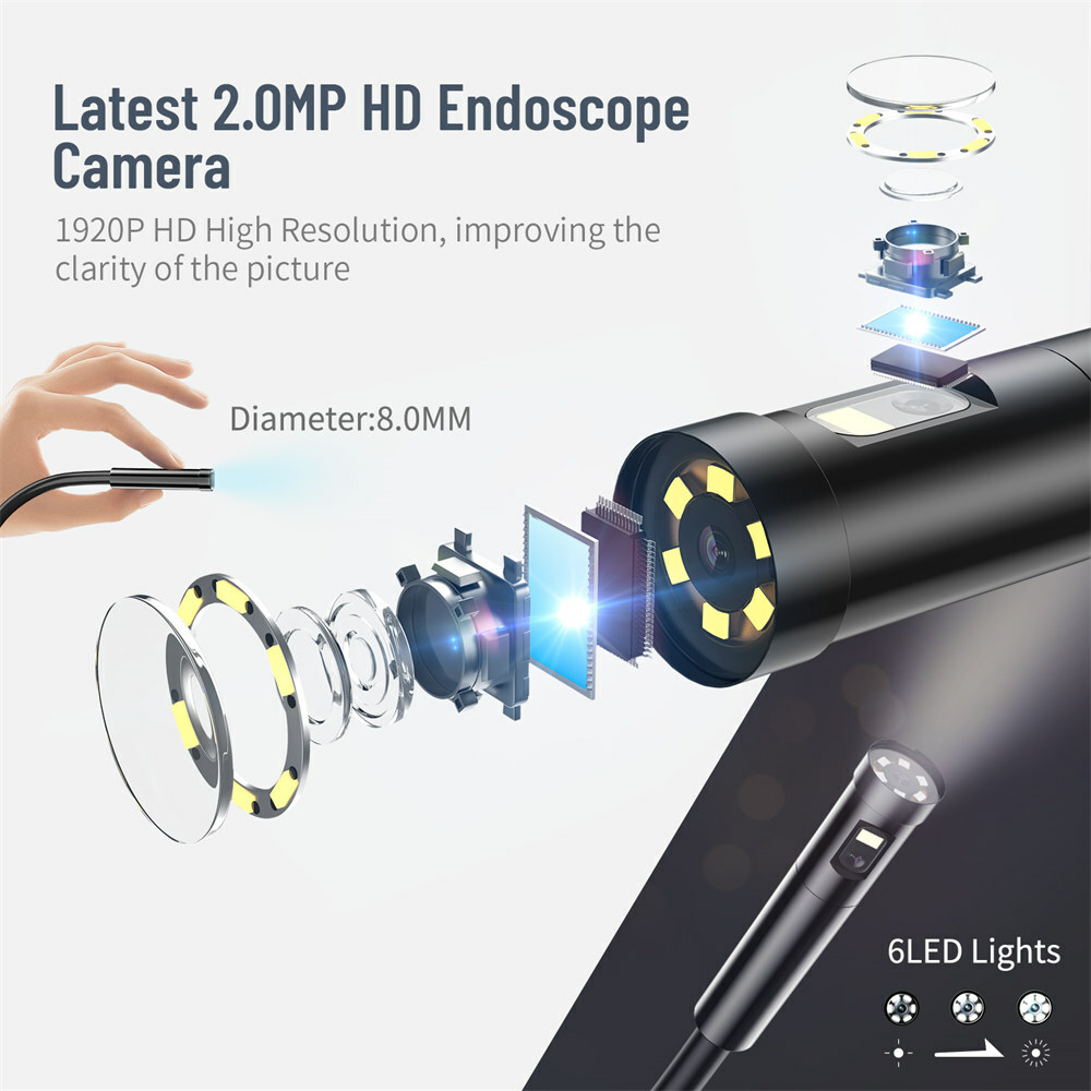 2.0MP HD Industrial Endoscope Borescope 7"IPS Screen 8mm Inspection Snake Camera