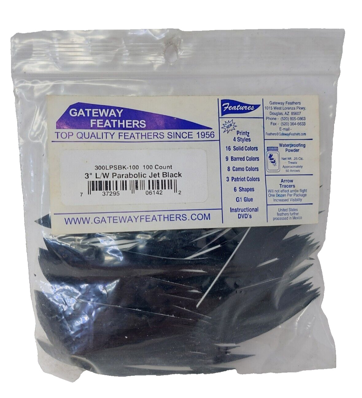100 Pack Gateway Feathers 3" Left Wing: Parabolic Jet Black 300LPSBK-100