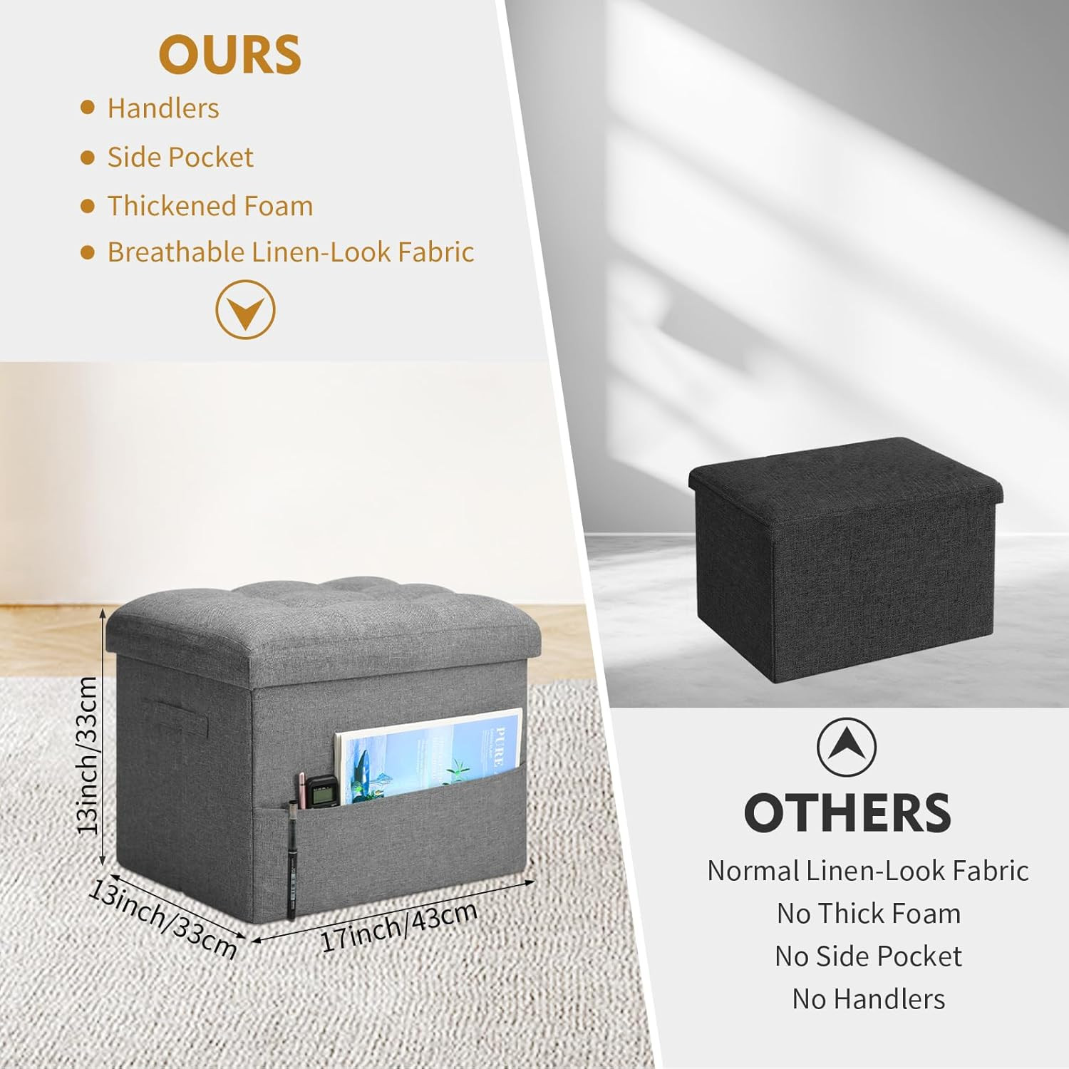 Storage Ottoman with Extra Thick Foam Padded Seat, Foldable Foot Rest Stool with
